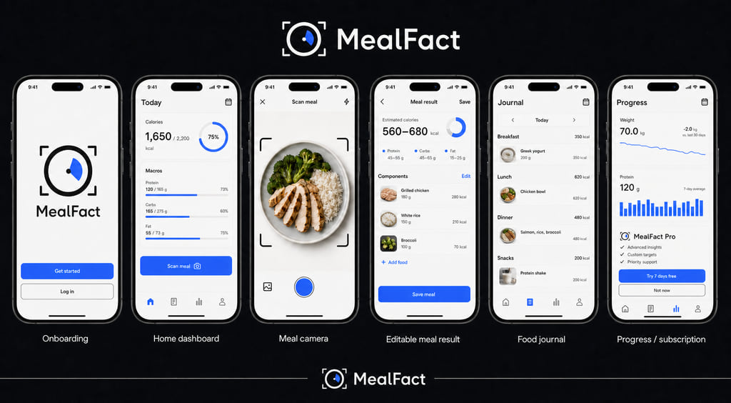 MealFact app screens showing meal capture, nutrition results, progress, and insights